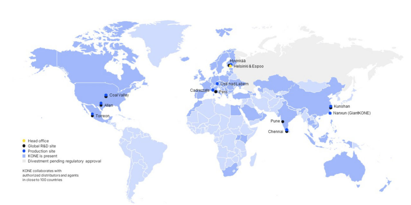 Map of KONE locations worldwide.